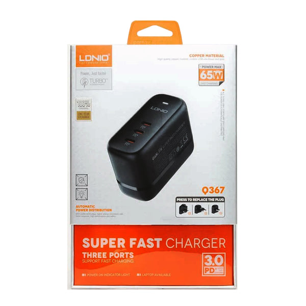 LDNIO 65W GaN Fast Charger with International Plugs & 3 USB-C Ports