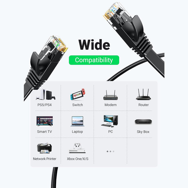 Flat Ethernet Cable Cat6 - Network Cable - RJ45 Connectors LAN Cable US07 - Black