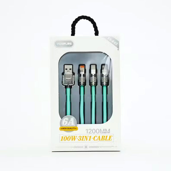 Retractable Fast Charging Cable 1.2m 100W 6A 3-in-1 Durable - Green