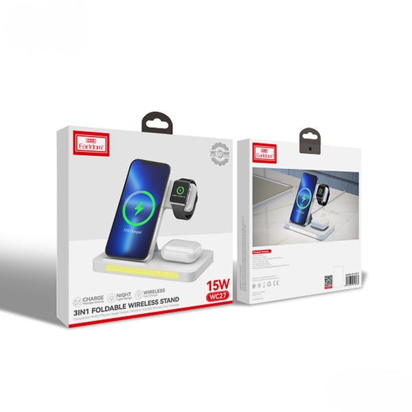Multi-Function 3-in-1 Foldable Wireless Charging Stand With Night Light WC27 - White