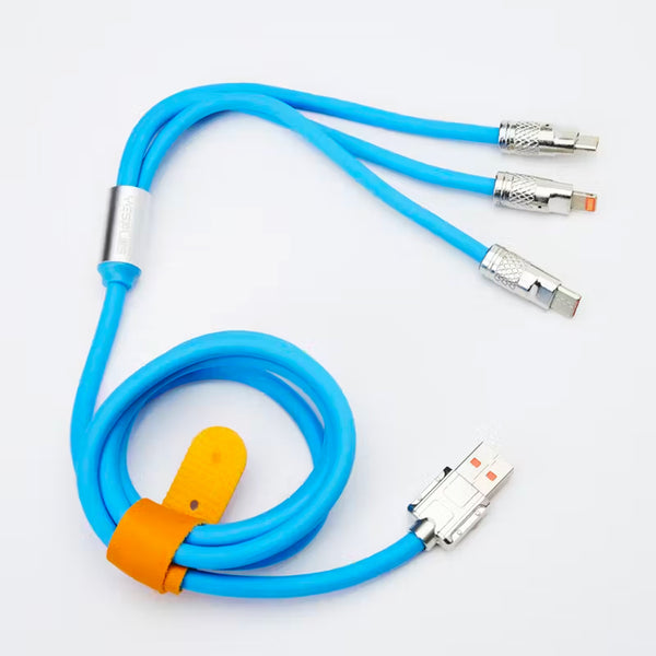 Retractable Fast Charging Cable 1.2m 100W 6A 3-in-1 Durable - Blue