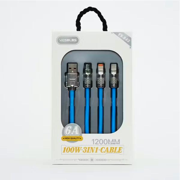Retractable Fast Charging Cable 1.2m 100W 6A 3-in-1 Durable - Blue