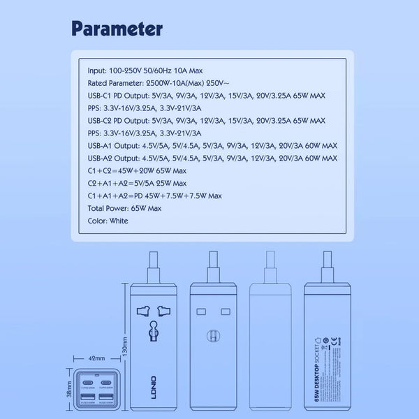 LDNIO 65W Multifunction Universal Power Adapter SC1418