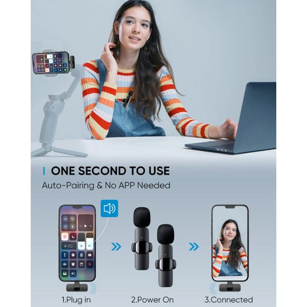 Wireless Lavalier Microphone K9 - Type-C Mic Wireless Plug and Play - Black