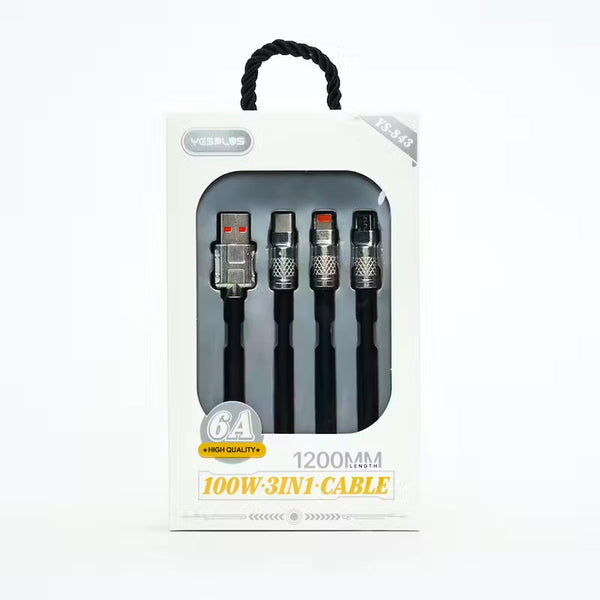 Retractable Fast Charging Cable 1.2m 100W 6A 3-in-1 Durable - Black