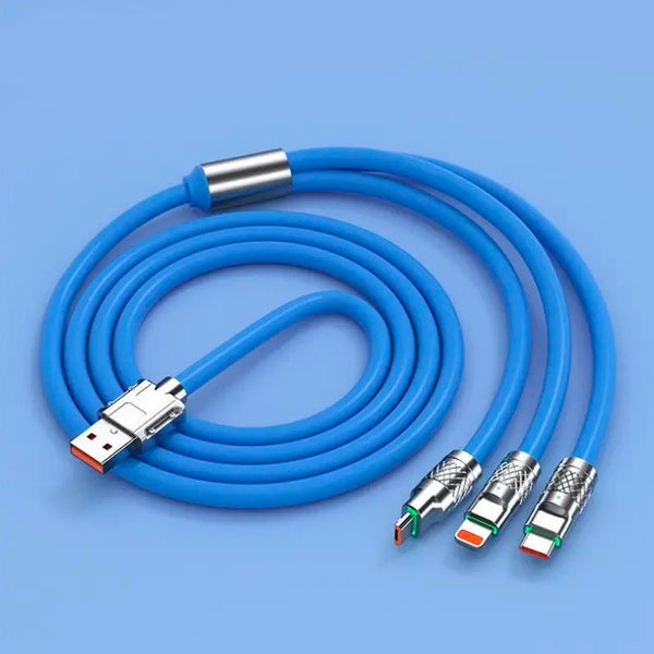 Retractable Fast Charging Cable 1.2m 100W 6A 3-in-1 Durable - Blue