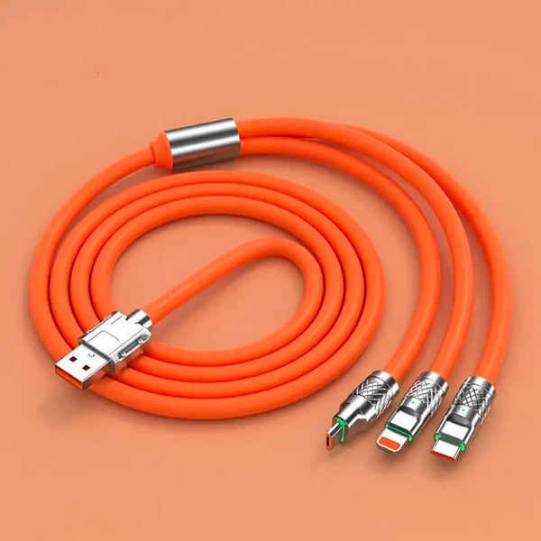 Retractable Fast Charging Cable 1.2m 100W 6A 3-in-1 Durable - Orange