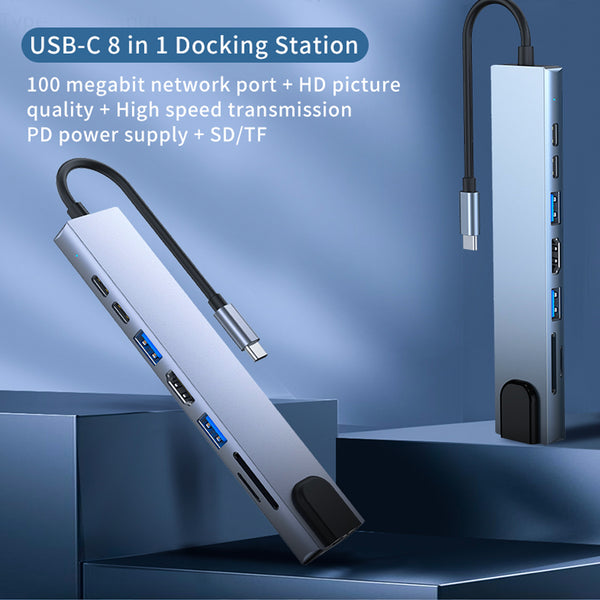 Portable 8 In 1 Type-c Hub To Usb 3.0 Usb-c Hdmi Lan Rj45 Sd Tf Adapter