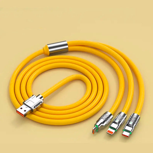 Retractable Fast Charging Cable 1.2m 100W 6A 3-in-1 Durable - Yellow