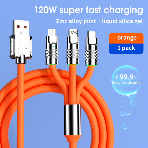 Retractable Fast Charging Cable 1.2m 100W 6A 3-in-1 Durable - Orange