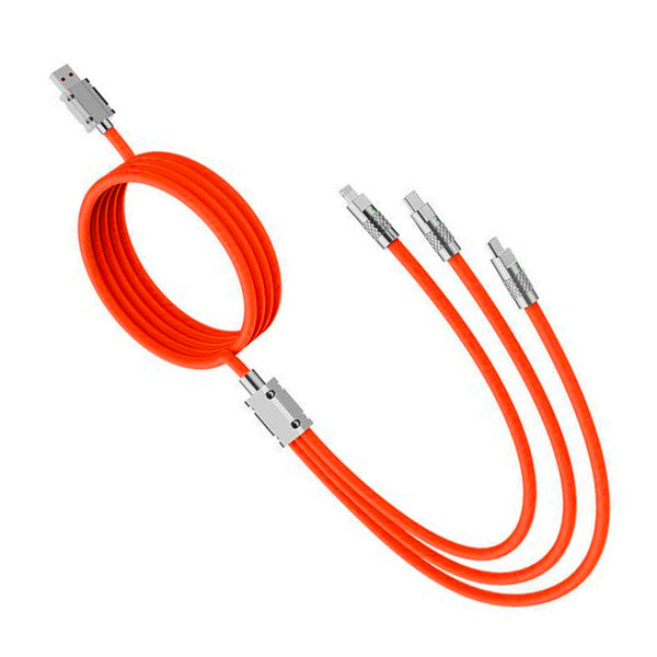 Retractable Fast Charging Cable 1.2m 100W 6A 3-in-1 Durable - Orange