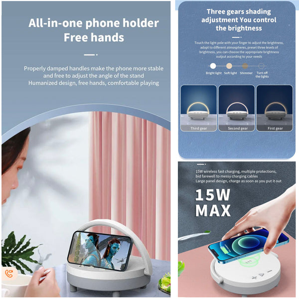 Multifunction Wireless Charge,Phone Holder,Night Light & Bluetooth Speaker