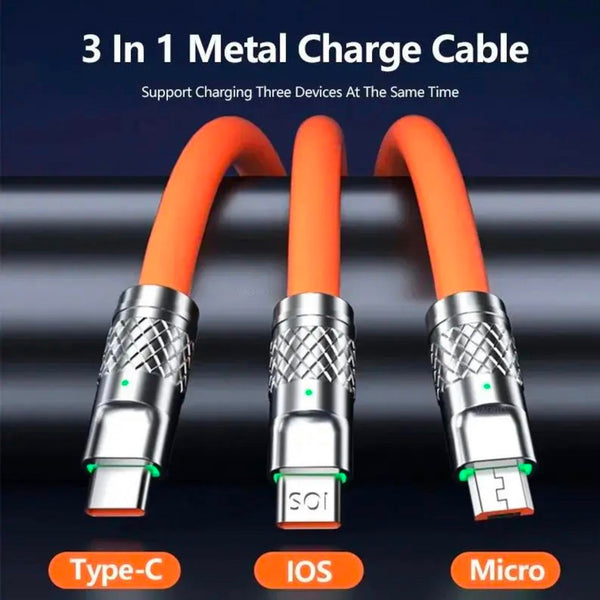 Retractable Fast Charging Cable 1.2m 100W 6A 3-in-1 Durable - Orange