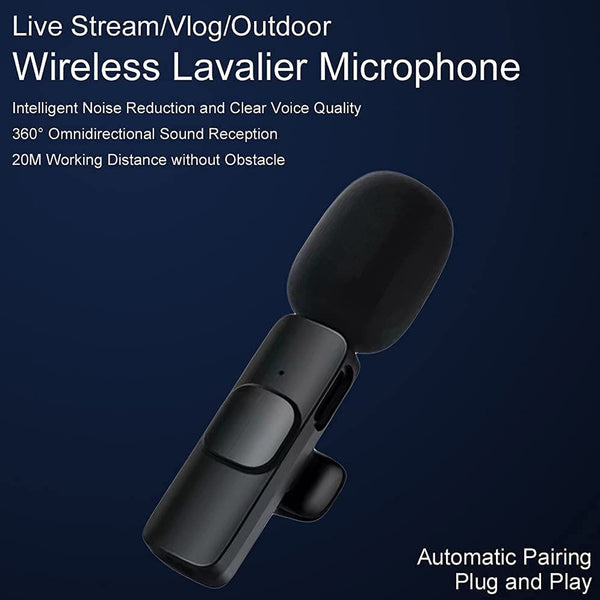 Wireless Lavalier Microphone K9 - Type-C Mic Wireless Plug and Play - Black