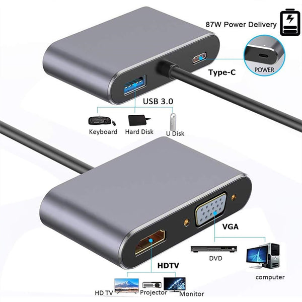 4-in 1 Hub Type C to PD/4k HDMI/VGA/USB for MacBook/Type C PC