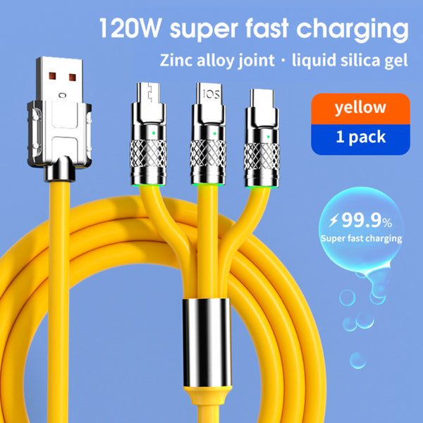 Retractable Fast Charging Cable 1.2m 100W 6A 3-in-1 Durable - Yellow