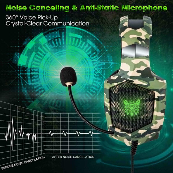 ONIKUMA K8 Wired Stereo Gaming Headphones With Mic LED RGB Lights - Camo Green