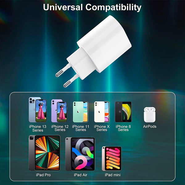 20W PD Fast Charger For iPhone with USB-C to Lightning Cable