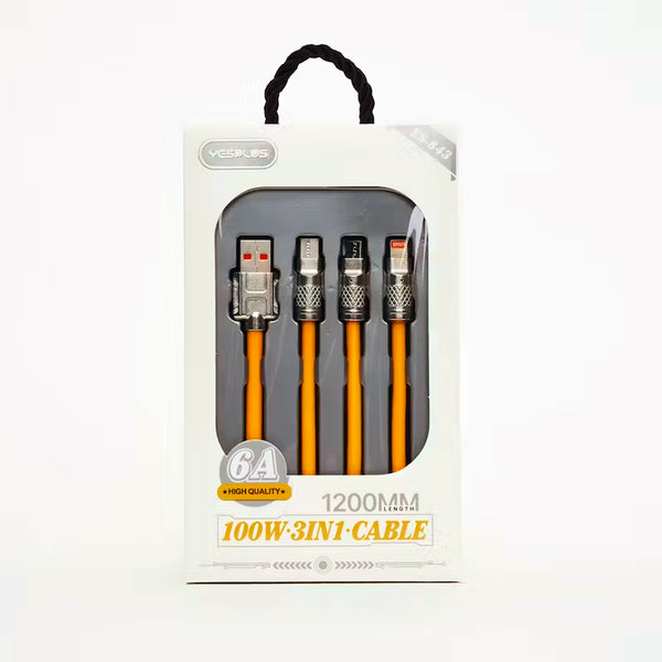 Retractable Fast Charging Cable 1.2m 100W 6A 3-in-1 Durable - Yellow