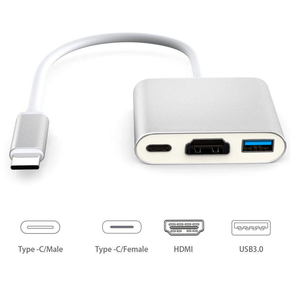 Converter Hub Type-c to HDMI - USB 3.0 - PD Aluminum Alloy Adapter - Silver