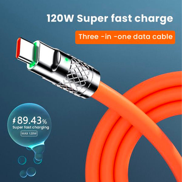 Retractable Fast Charging Cable 1.2m 100W 6A 3-in-1 Durable - Orange