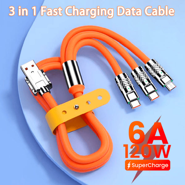Retractable Fast Charging Cable 1.2m 100W 6A 3-in-1 Durable - Orange