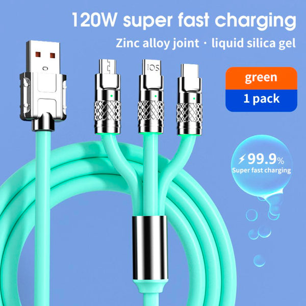 Retractable Fast Charging Cable 1.2m 100W 6A 3-in-1 Durable - Green