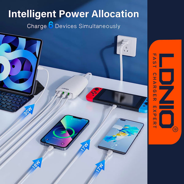LDNIO Multi-ports Charger 65W Desktop Super Fast Charging Station - White