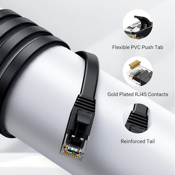 Flat Ethernet Cable Cat6 - Network Cable - RJ45 Connectors LAN Cable US07 - Black