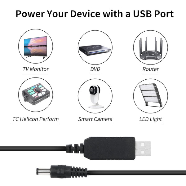 USB to 12V DC Cable Convertor with 2.1mm Male Connector