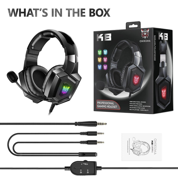 ONIKUMA K8 Wired Stereo Gaming Headphones With Mic LED RGB Lights - Black