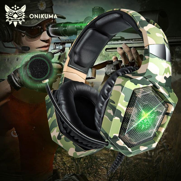 ONIKUMA K8 Wired Stereo Gaming Headphones With Mic LED RGB Lights - Camo Green