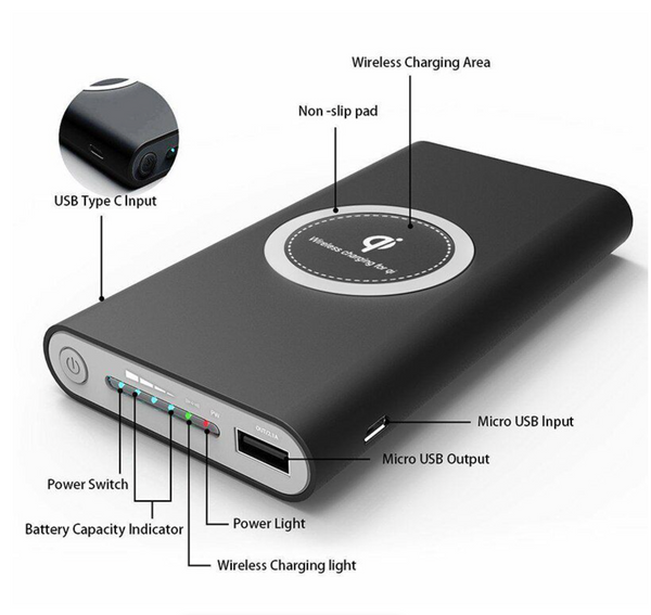 Wireless Smartphone Charger Qi 15000mah Powerbank - BLACK