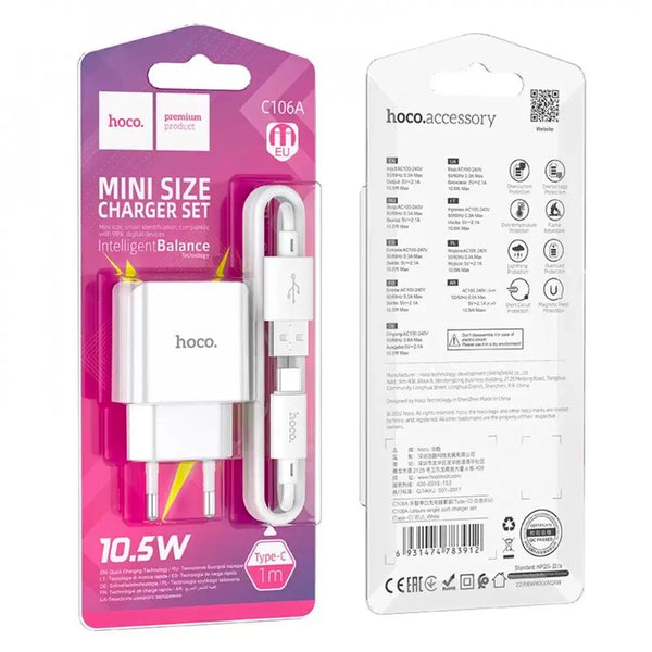 Smart Phone Charger EU Plug Adapter 10.5W with USB Type-C Cable