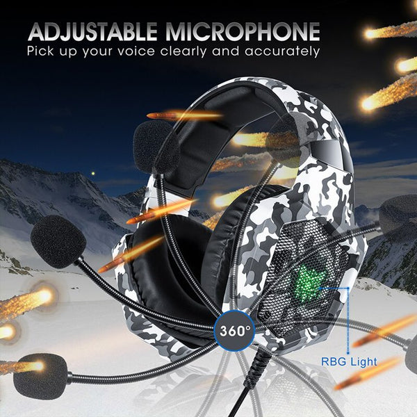 ONIKUMA K8 Wired Stereo Gaming Headphones With Mic LED RGB Lights - Camo Gray