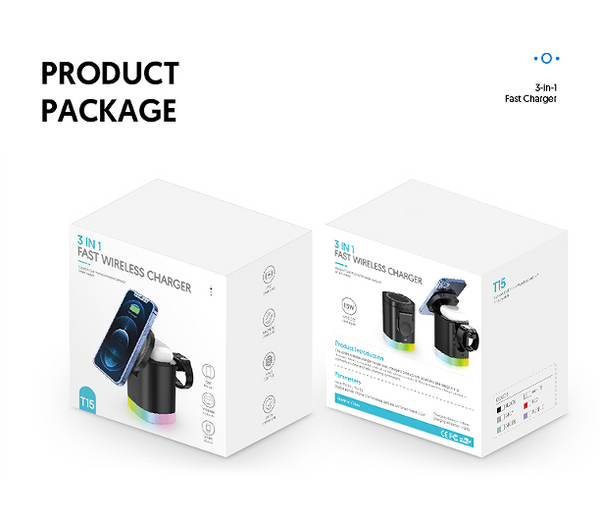 3 in 1 Magnetic Wireless Charger Folding Charging Stand for iPhone iWatch AirPods Cordless Charging Station with RGB Light - Black