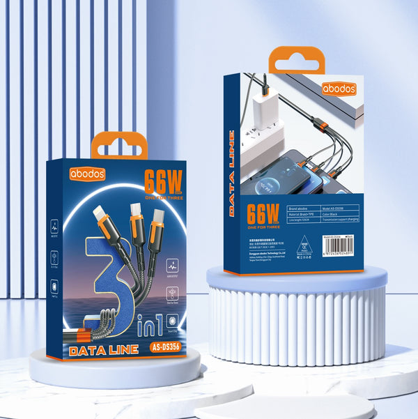 Abodos 66W 1.2m 3-In-1 Black Data Cable