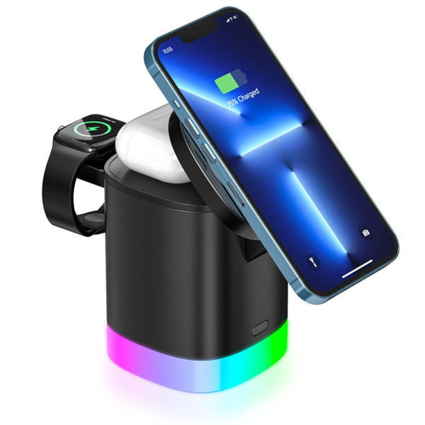 3 in 1 Magnetic Wireless Charger Folding Charging Stand for iPhone iWatch AirPods Cordless Charging Station with RGB Light - Black
