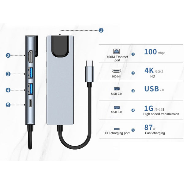 Docking Station Portable USB-C Hub 5-in-1 Adapter Multi-Port Converter