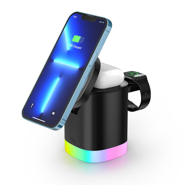 3 in 1 Magnetic Wireless Charger Folding Charging Stand for iPhone iWatch AirPods Cordless Charging Station with RGB Light - Black