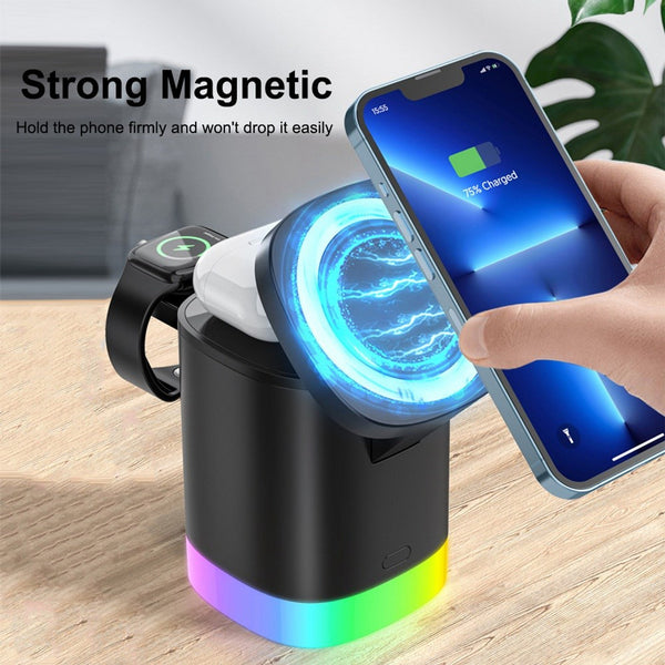 3 in 1 Magnetic Wireless Charger Folding Charging Stand for iPhone iWatch AirPods Cordless Charging Station with RGB Light - Black