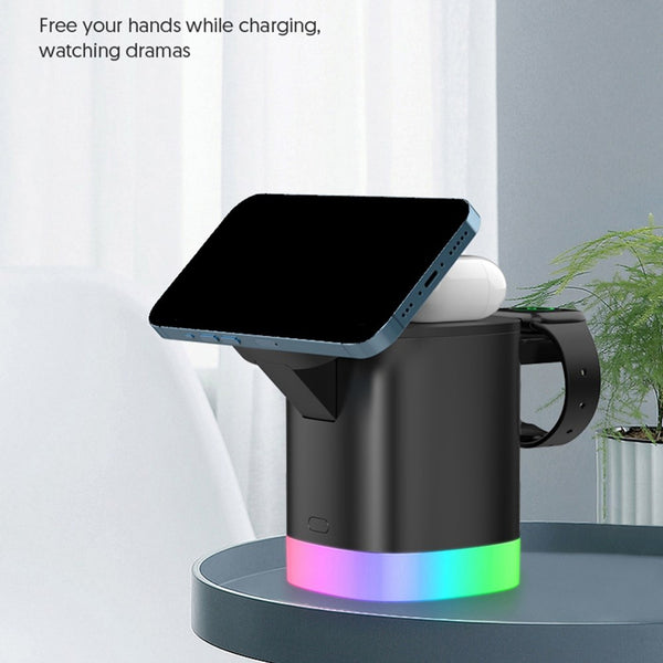 3 in 1 Magnetic Wireless Charger Folding Charging Stand for iPhone iWatch AirPods Cordless Charging Station with RGB Light - Black