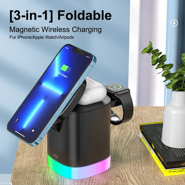3 in 1 Magnetic Wireless Charger Folding Charging Stand for iPhone iWatch AirPods Cordless Charging Station with RGB Light - Black