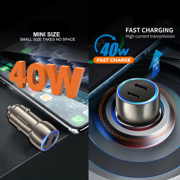 Fast Charging 40W Car Charger C190 Dual Type-C Ports METAL