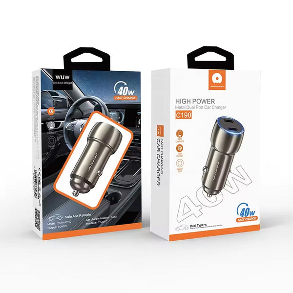 Fast Charging 40W Car Charger C190 Dual Type-C Ports METAL