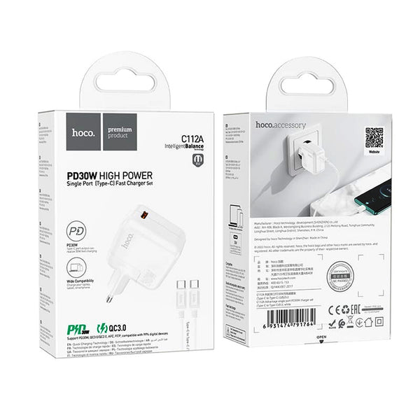 Hoco C112A Advantage wall charger single port PD30W charger(EU) set(Type-C to Type-C)