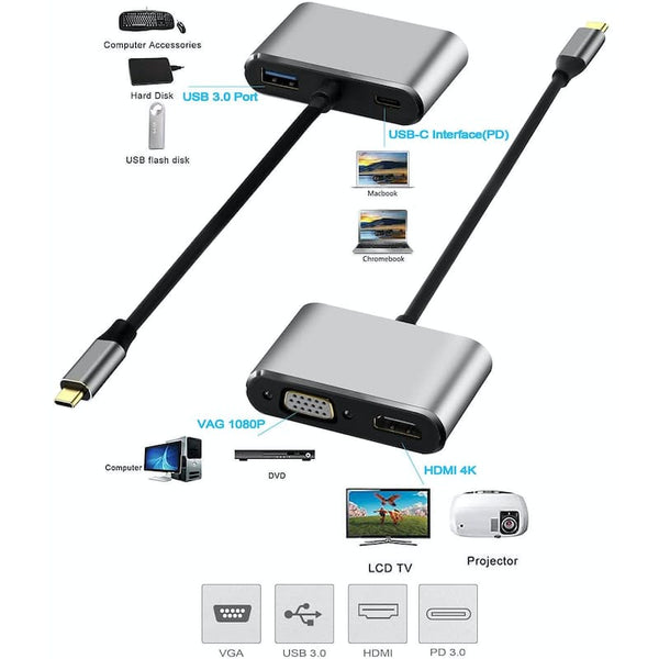 4-in 1 Hub Type C to PD/4k HDMI/VGA/USB for MacBook/Type C PC