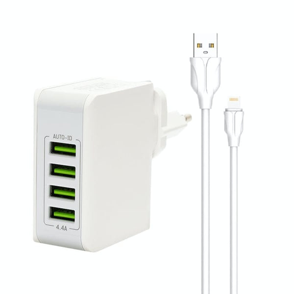 LDNIO 4-Port USB Auto-ID 4.4A Fast Charging Adapter & Lightning Charging Cable