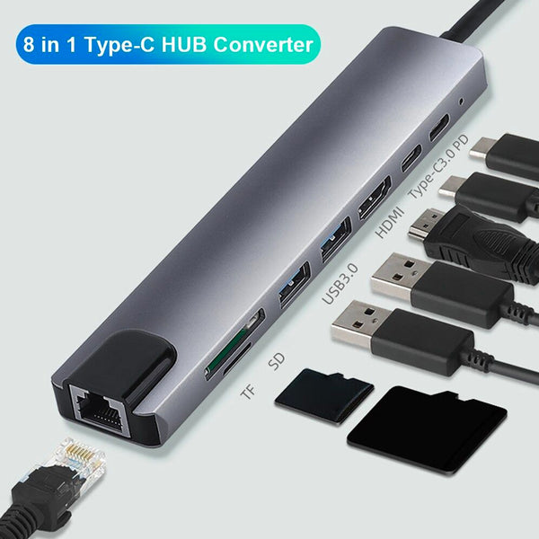 Portable 8 In 1 Type-c Hub To Usb 3.0 Usb-c Hdmi Lan Rj45 Sd Tf Adapter