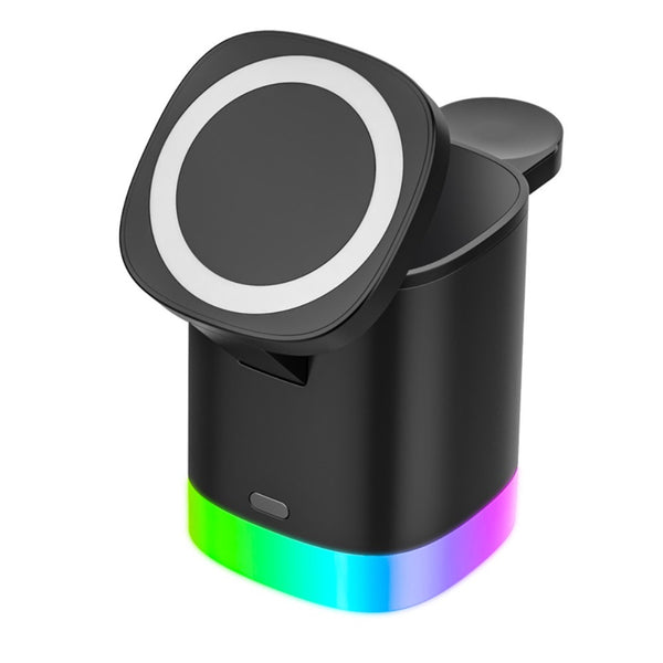 3 in 1 Magnetic Wireless Charger Folding Charging Stand for iPhone iWatch AirPods Cordless Charging Station with RGB Light - Black